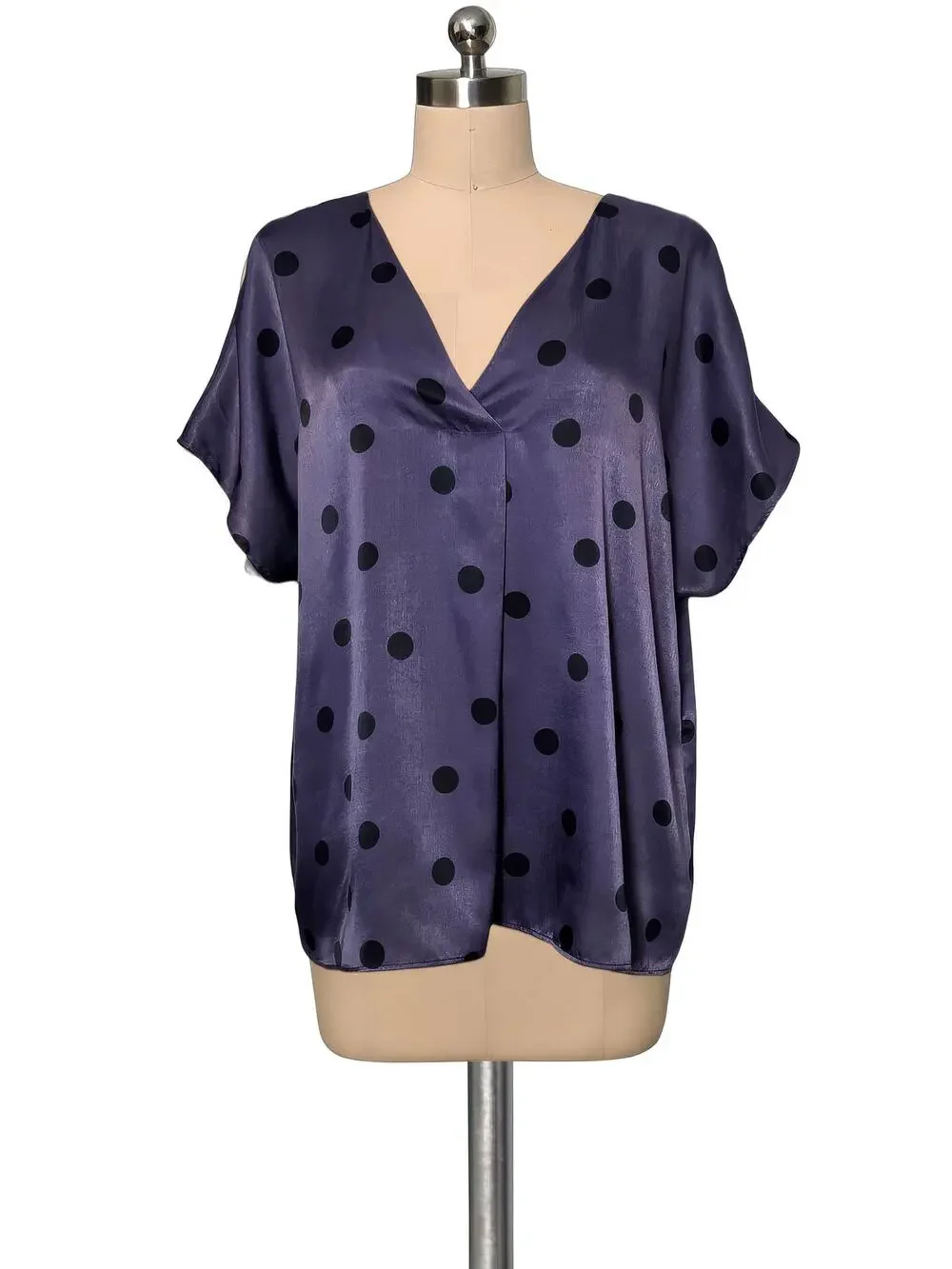 Worthington Purple Black Satin Short Sleeve Polka Dot Print Blouse Top XL